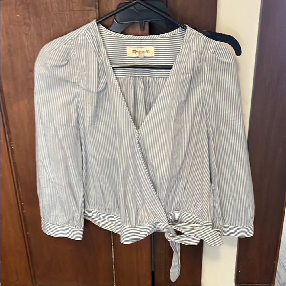 Madewell Black and White Striped Wrap Blouse